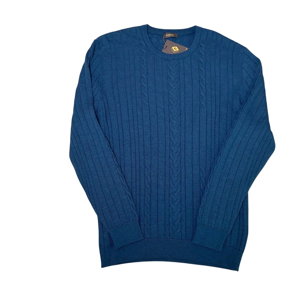 Garnet NWT Mens Sweater Blue Cable Knit Ribbed 100%  wool Pullover XXL